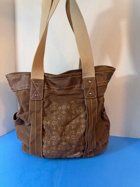 Canvas Tote Bag in Brown with Patterned Front